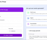 Captura de la plataforma de Cliengo, donde se puede crear un link de MercadoPago con sólo agregar una descripción, precio y cantidad.