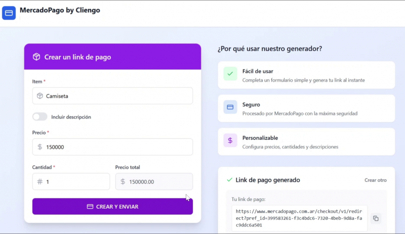Captura de la plataforma de Cliengo, donde se puede crear un link de MercadoPago con sólo agregar una descripción, precio y cantidad.