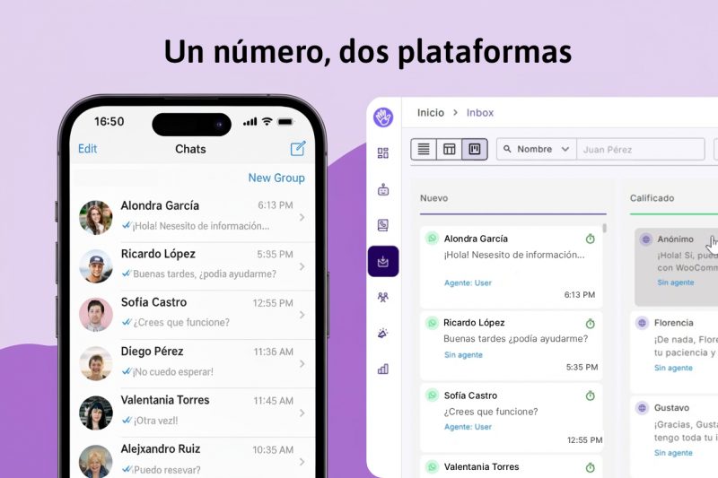 Ejemplo de integración de WhatsApp en dos plataformas: vista de chats en un smartphone y panel de inbox empresarial para centralizar conversaciones con clientes.