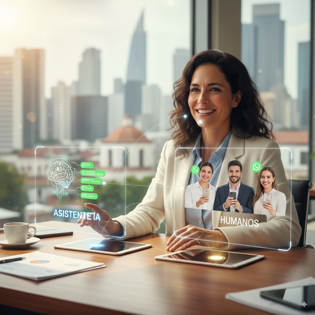 Ejecutiva usando un asistente virtual de inteligencia artificial y chatbots en WhatsApp para atención al cliente, combinando IA y agentes humanos en una oficina moderna con vista a la ciudad.