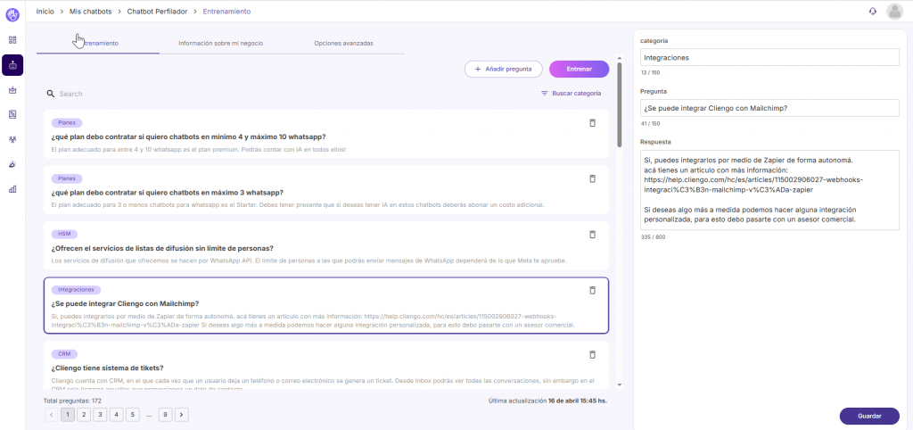 Ejemplo del panel de Cliengo entrenando un asistente virtual con inteligencia artificial, categorías y respuestas personalizadas para clientes